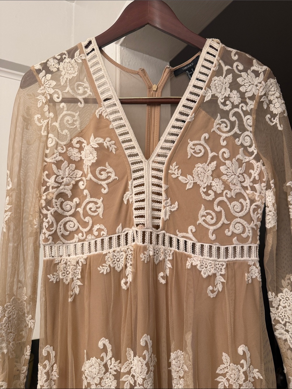 Forever 21 Beige Sheer Tunic with White Floral Embroidery